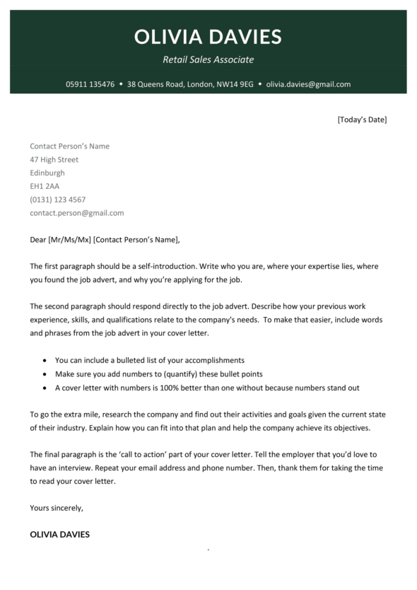 The Soho cover letter template in green.