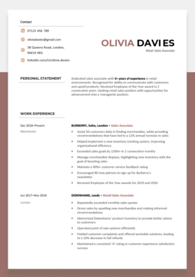 The maroon version of the Stirling CV Template, with maroon and black header text, a personal statement, and a work experience section.