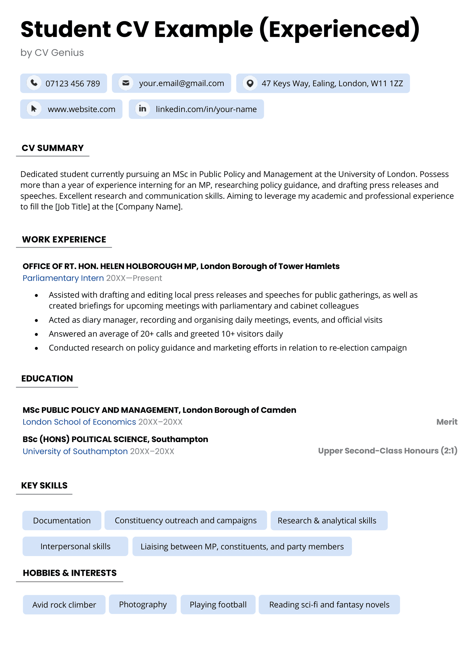 Cv Examples For Students Template And Cv Summary Samples