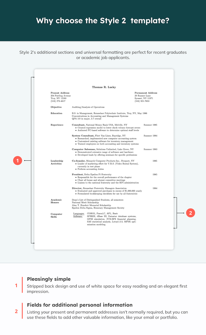 A minimal CV template designed using LaTex that features two annotations explaining why the template is a good choice for job seekers.