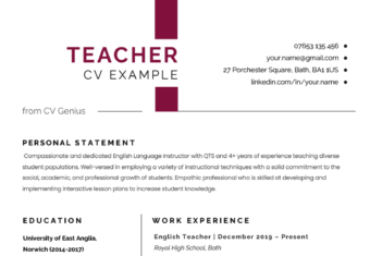An example of the first page of a teacher CV.