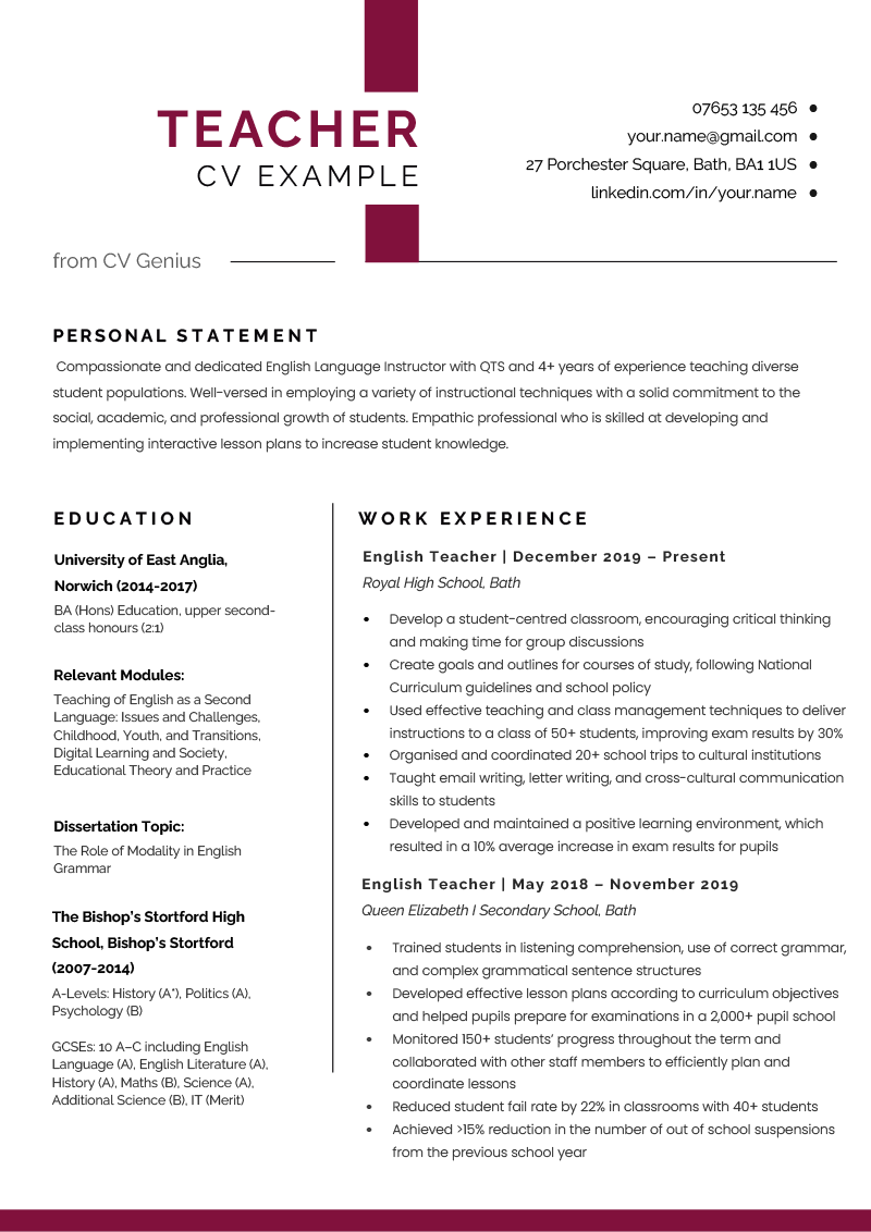 An example of the first page of a teacher CV.