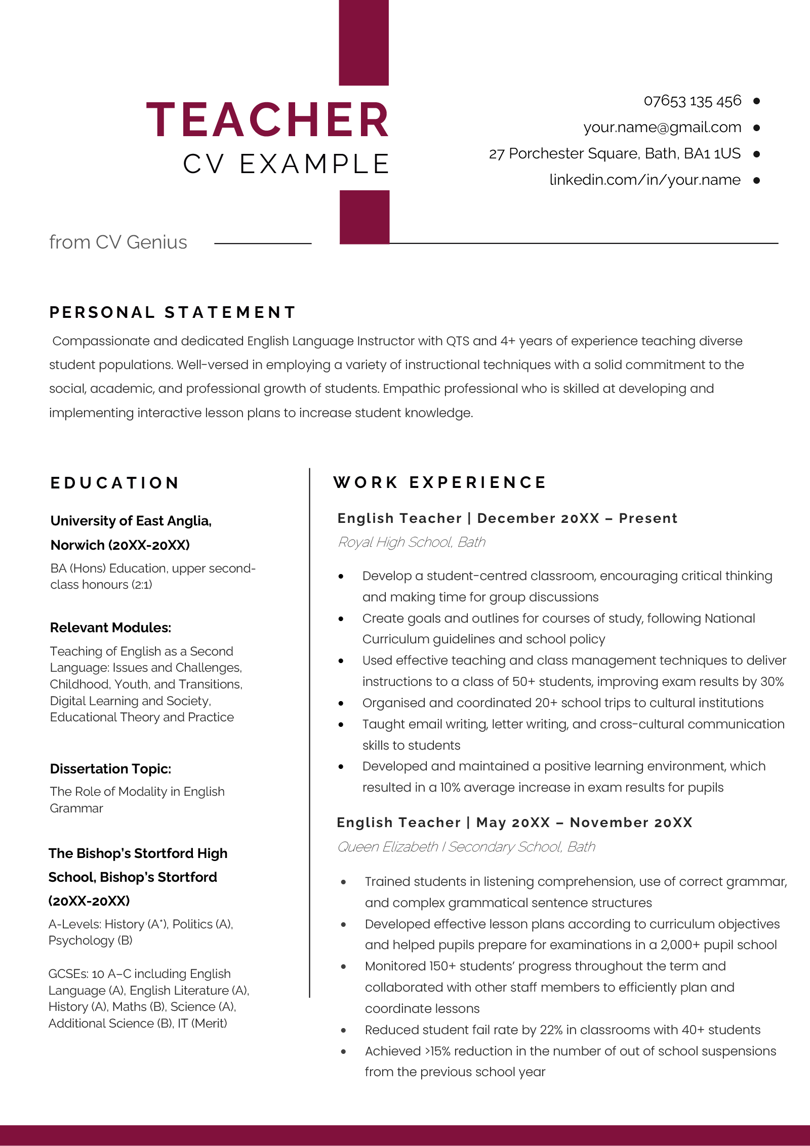 Teacher CV - Example, Free Template, & How to Write