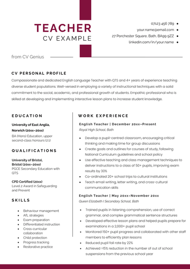 An example of the first page of a teacher CV.