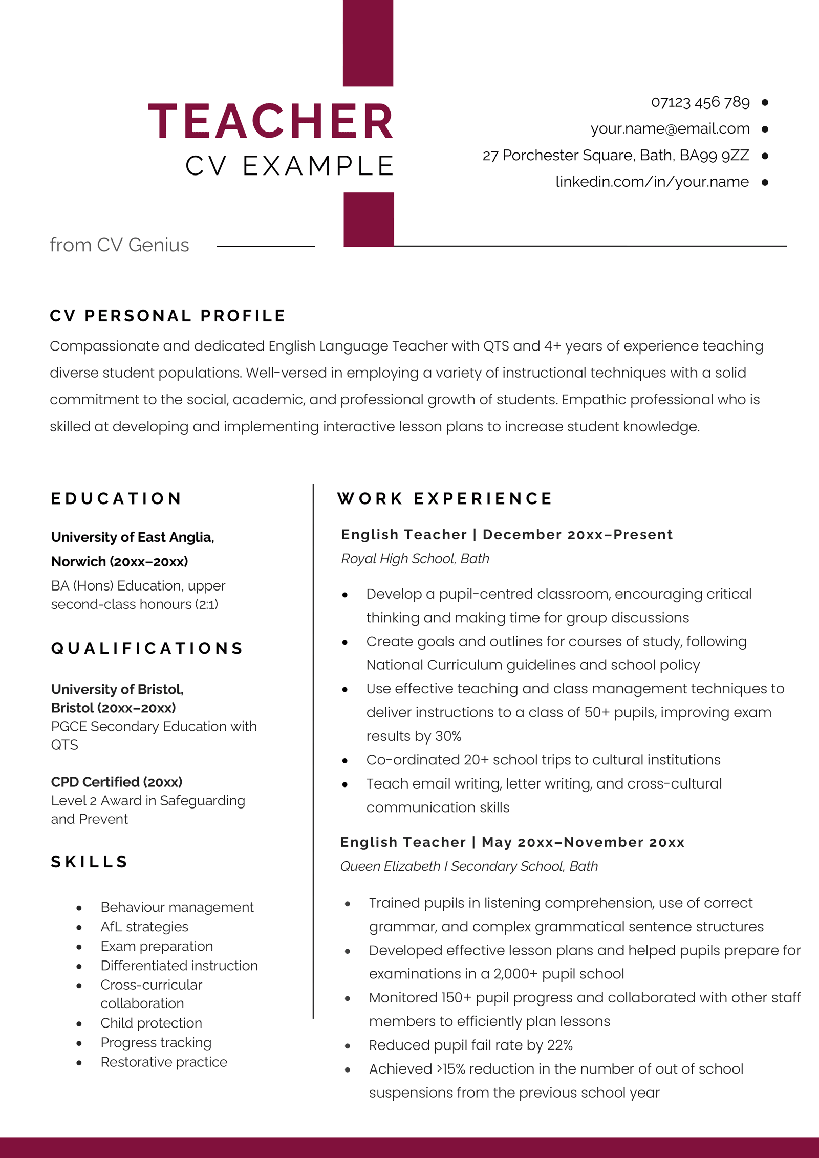 An example of the first page of a teacher CV.