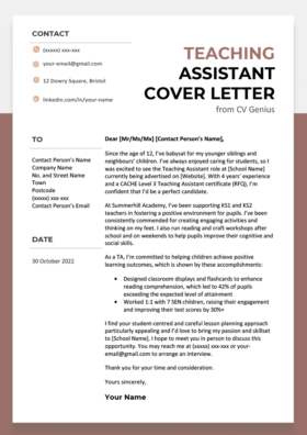 Cover letter for teaching assistant sample