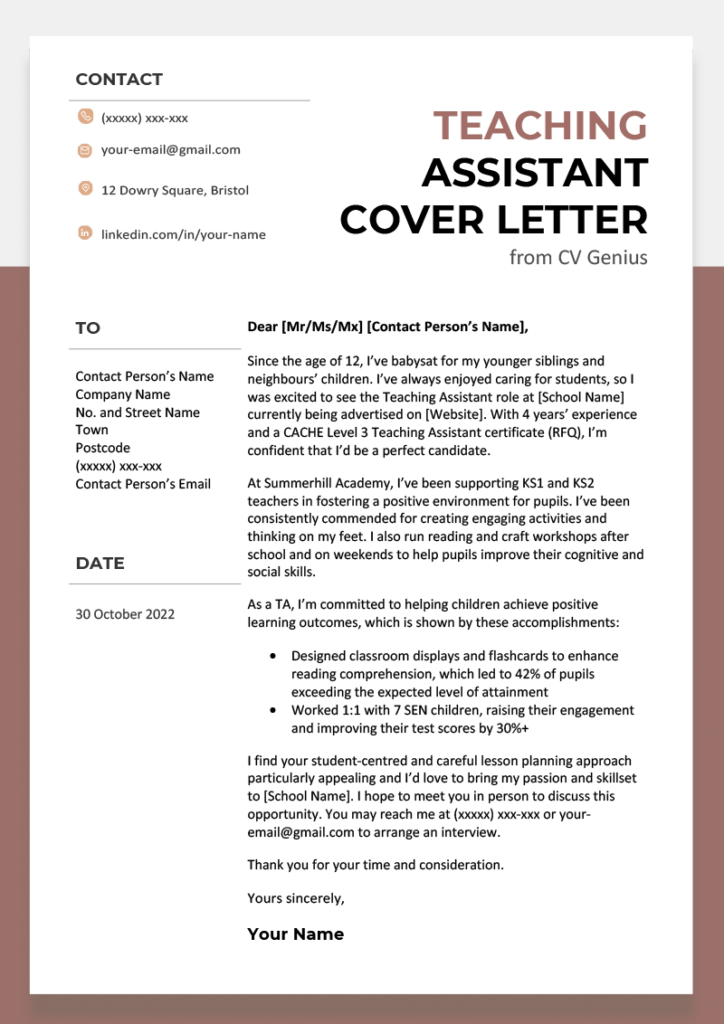 primary school teaching assistant cover letter