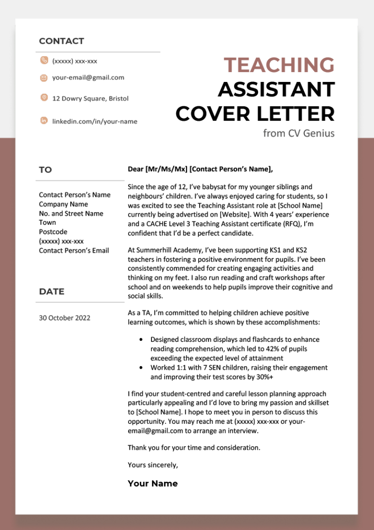 example cover letter teaching assistant