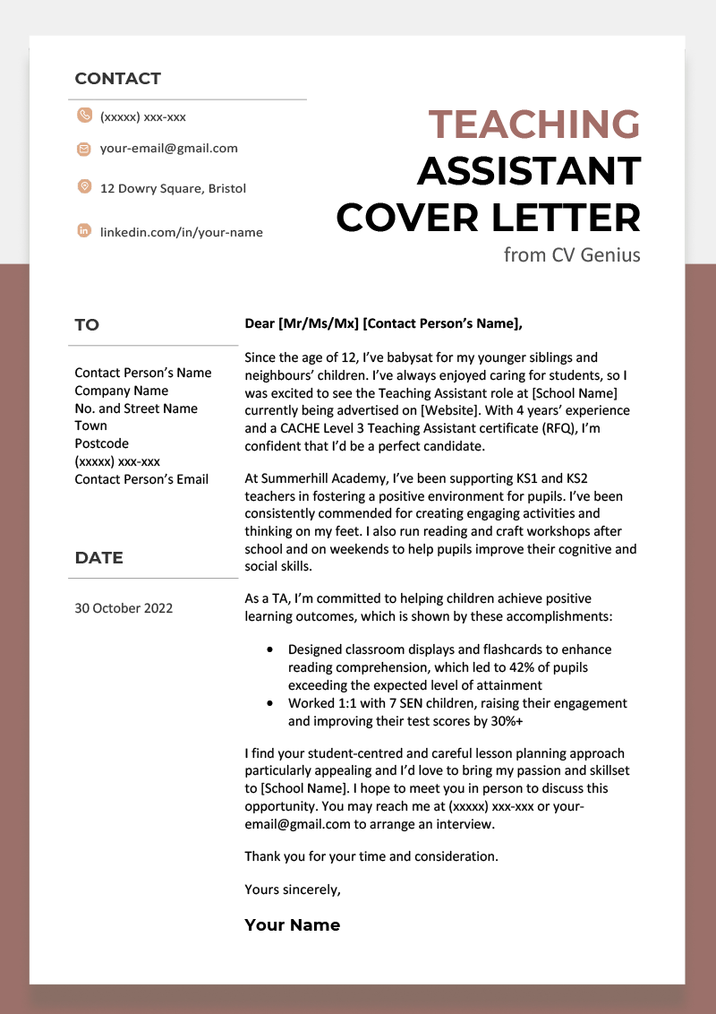teacher assistant cover letter no experience
