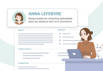 une femme avec son chat blanc regardant son ordinateur avec en fond son titre CV mis en relief avec en fond une image de sa page de CV