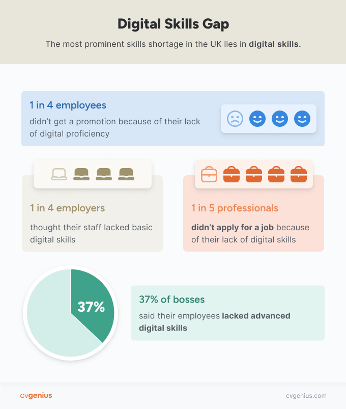 Infographic highlighting four key statistics relating to the digital skills gap in the UK