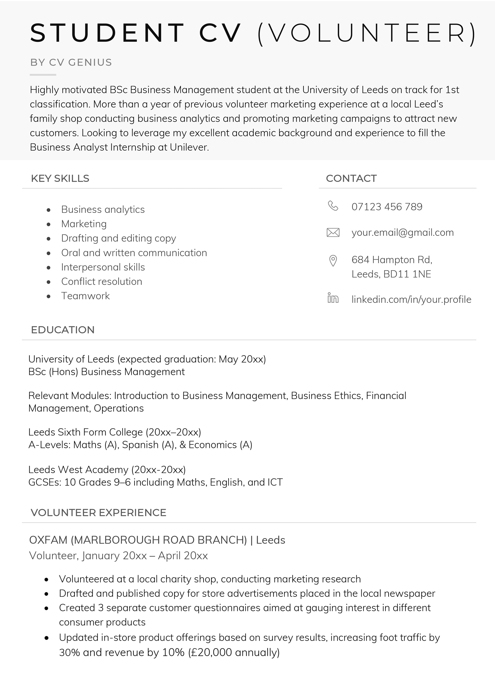 An example of a university student CV with no work experience listed