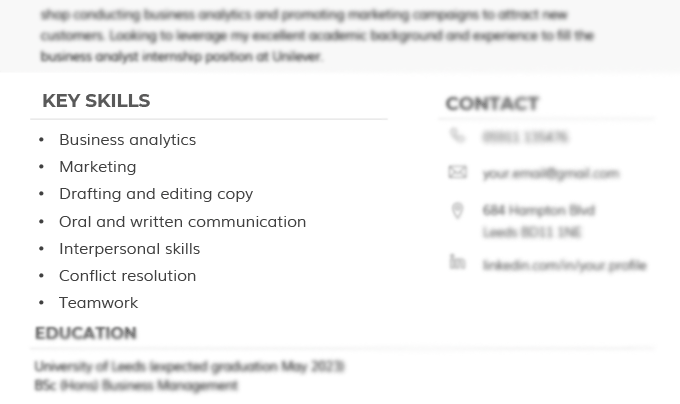 An example of key skills on a university student CV for a business analyst intern applicant