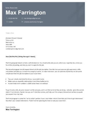 The Victoria cover letter template in blue.