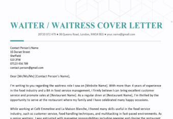 Waitress cover letter example with a turquoise theme