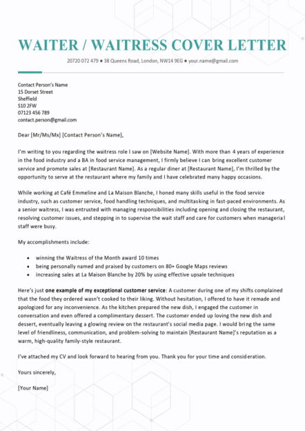 Waiter or waitress cover letter example in a template with a turquoise theme.