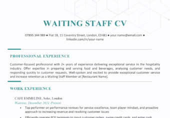 An example of a waiter or waitress CV on a template with blue font to accentuate each of the CV's headings