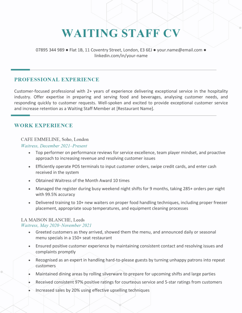 An example of a waiter or waitress CV on a template with blue font to accentuate each of the CV's headings.