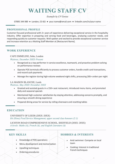An example of a waiter or waitress CV on a template with blue font to accentuate each of the CV's headings.