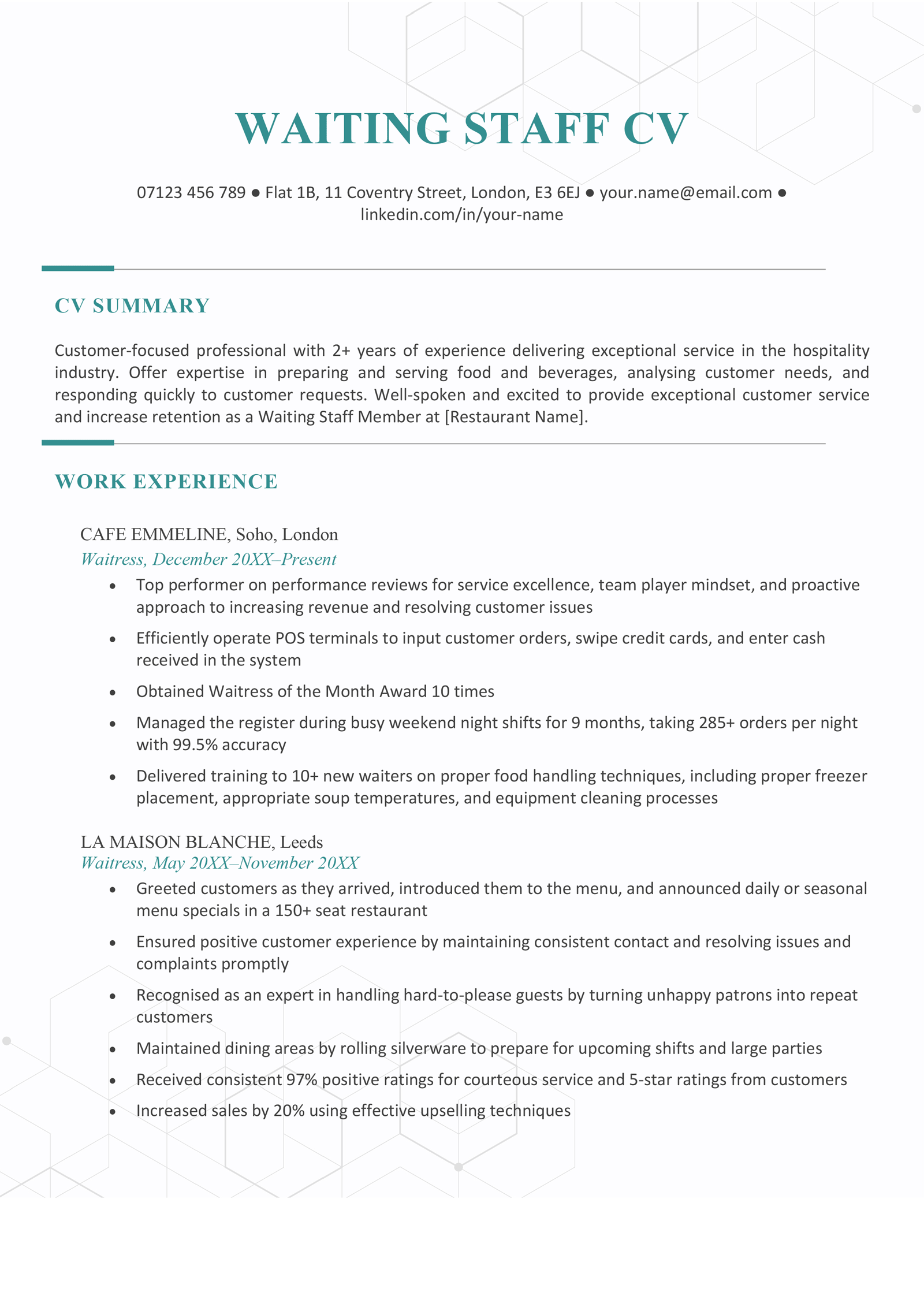 An example of a waiter or waitress CV on a template with blue font to accentuate each of the CV's headings.
