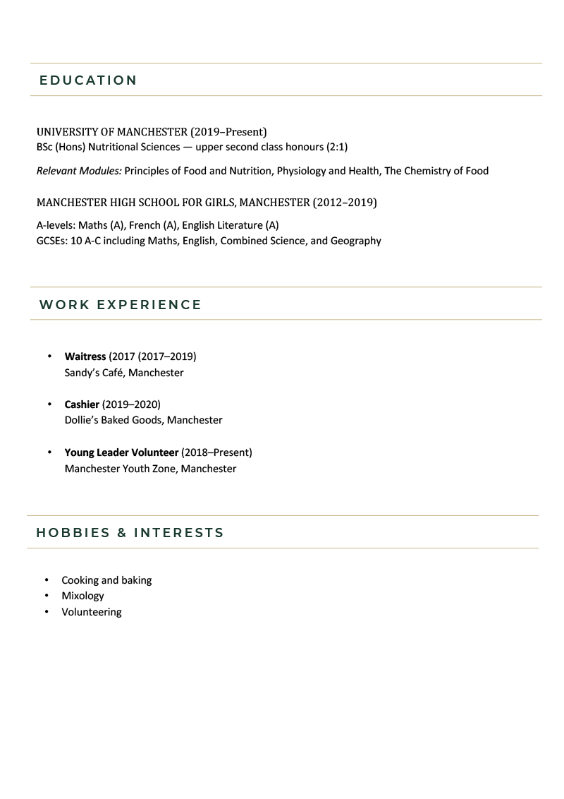 The second page of a waitress skills based CV example using a creative CV template in green
