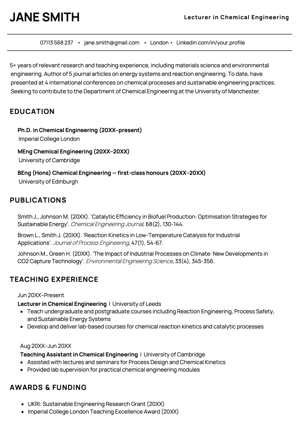 ATS-optimised CV template that uses an appropriate layout for jobs in academia