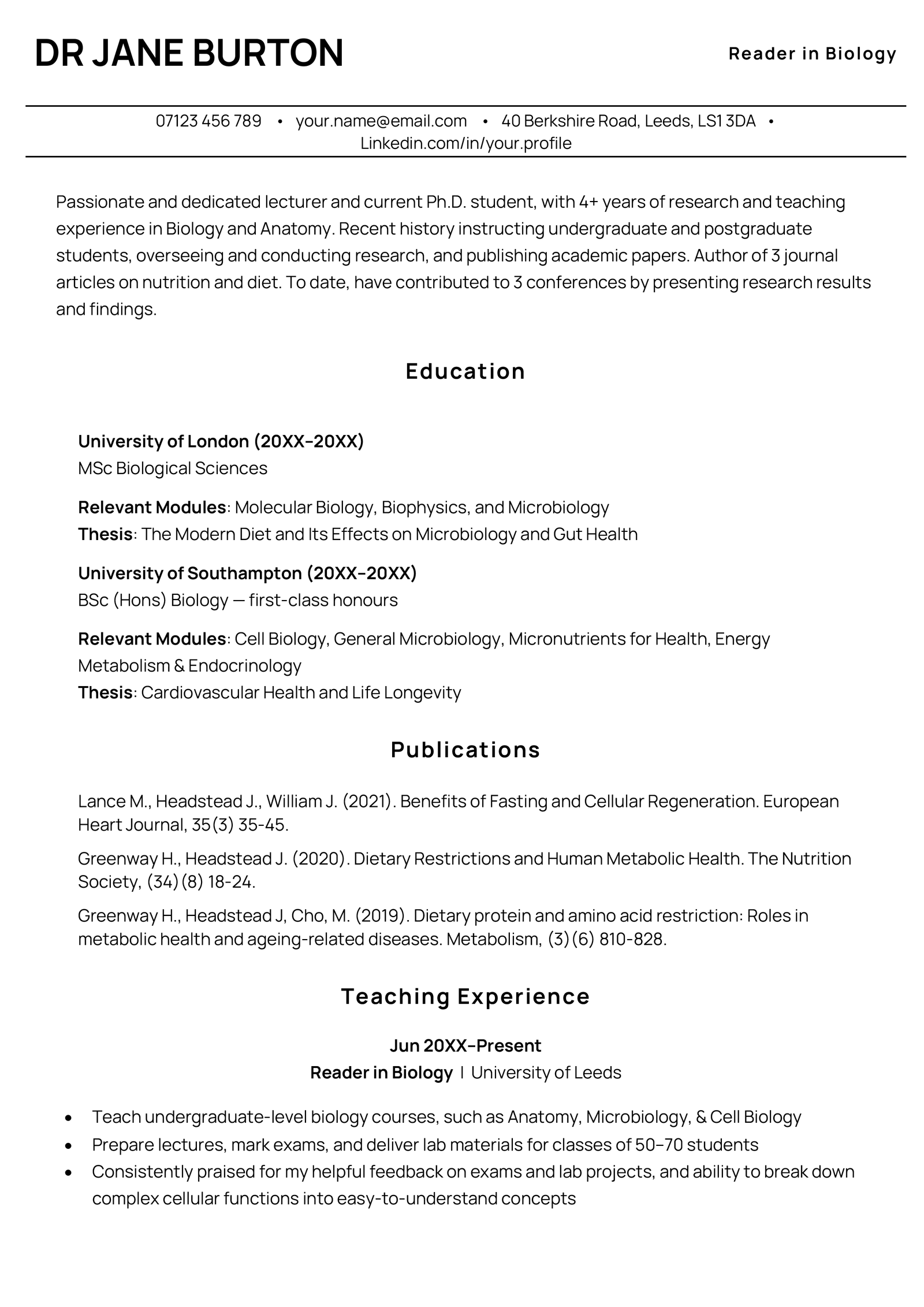 An example of the first page of an academic CV.