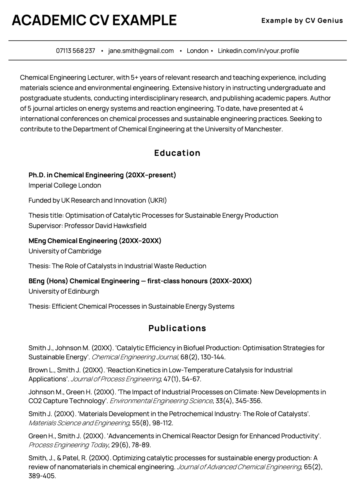 Academic CV example format