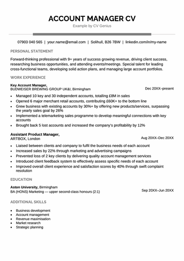 First page of an account manager CV example.