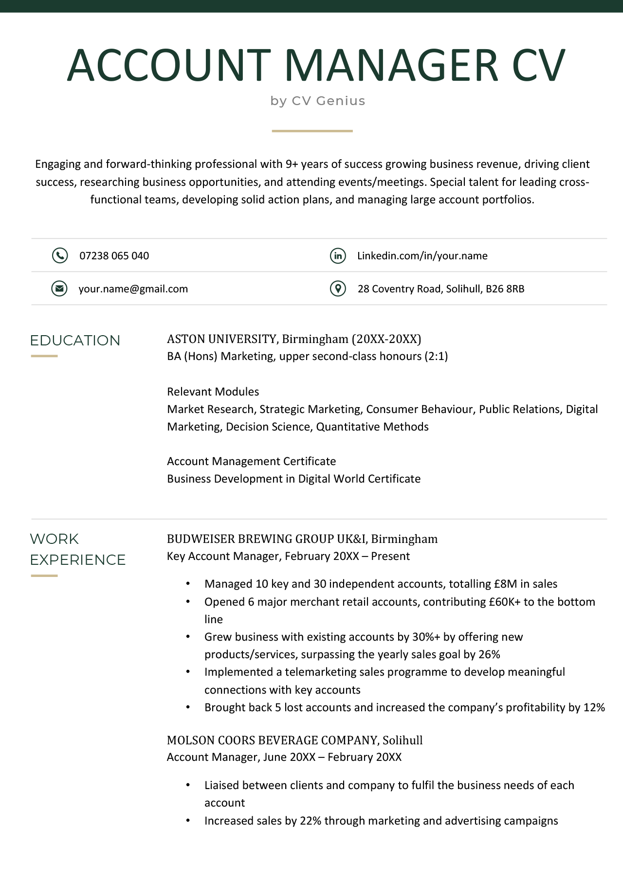 First page of an account manager CV example.