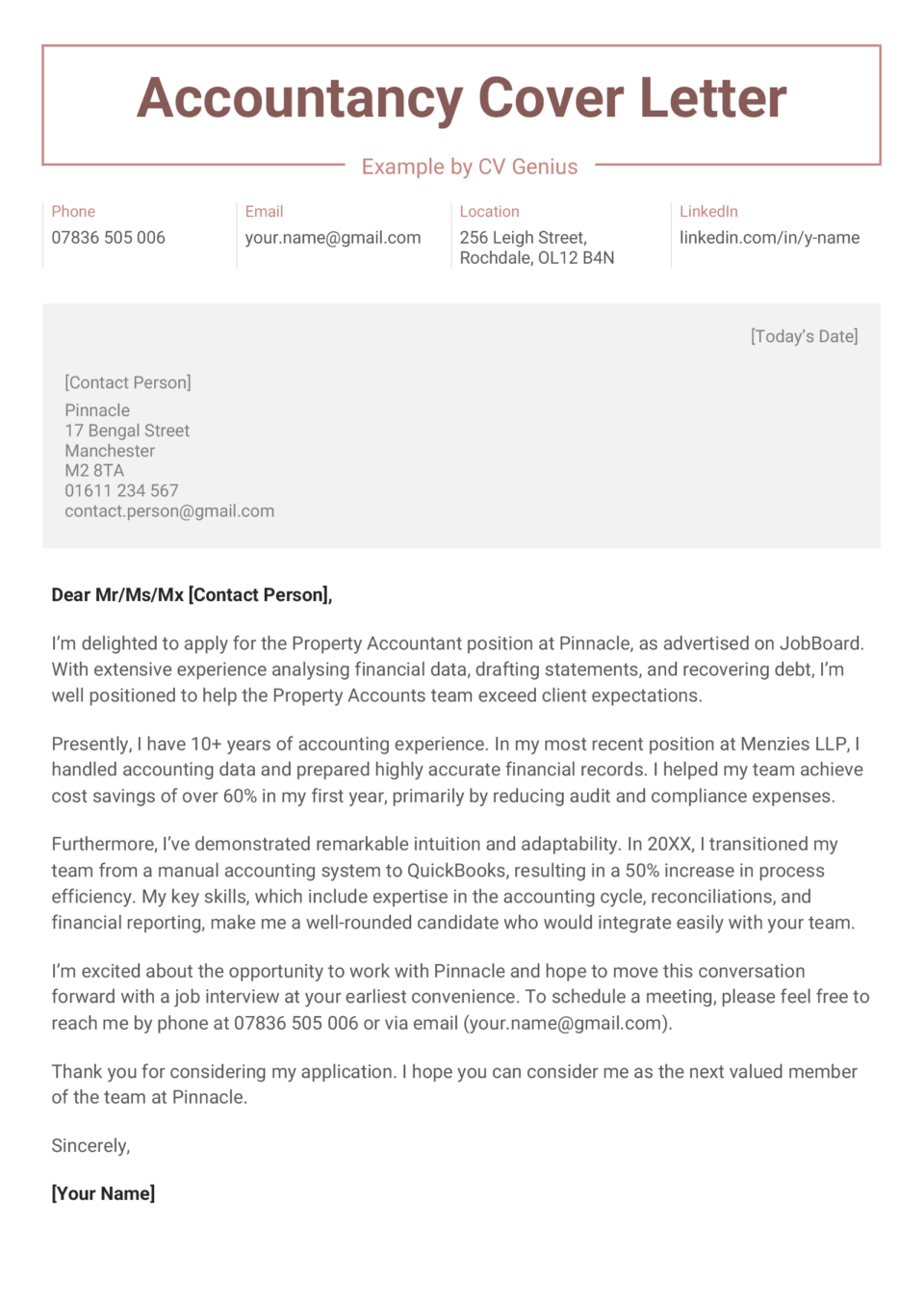 A sample accountancy cover letter with maroon header text, grey recipient's address, and a few paragraphs of text outlining the applicants accounting skills and relevant achievements.