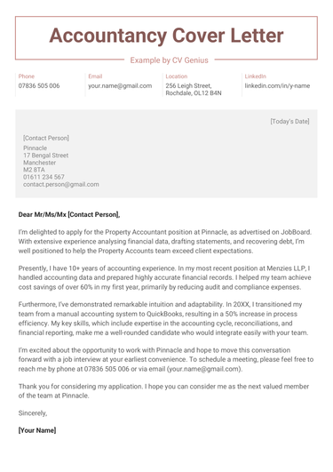 A sample accountancy cover letter with maroon header text, grey recipient's address, and a few paragraphs of text outlining the applicants accounting skills and relevant achievements.