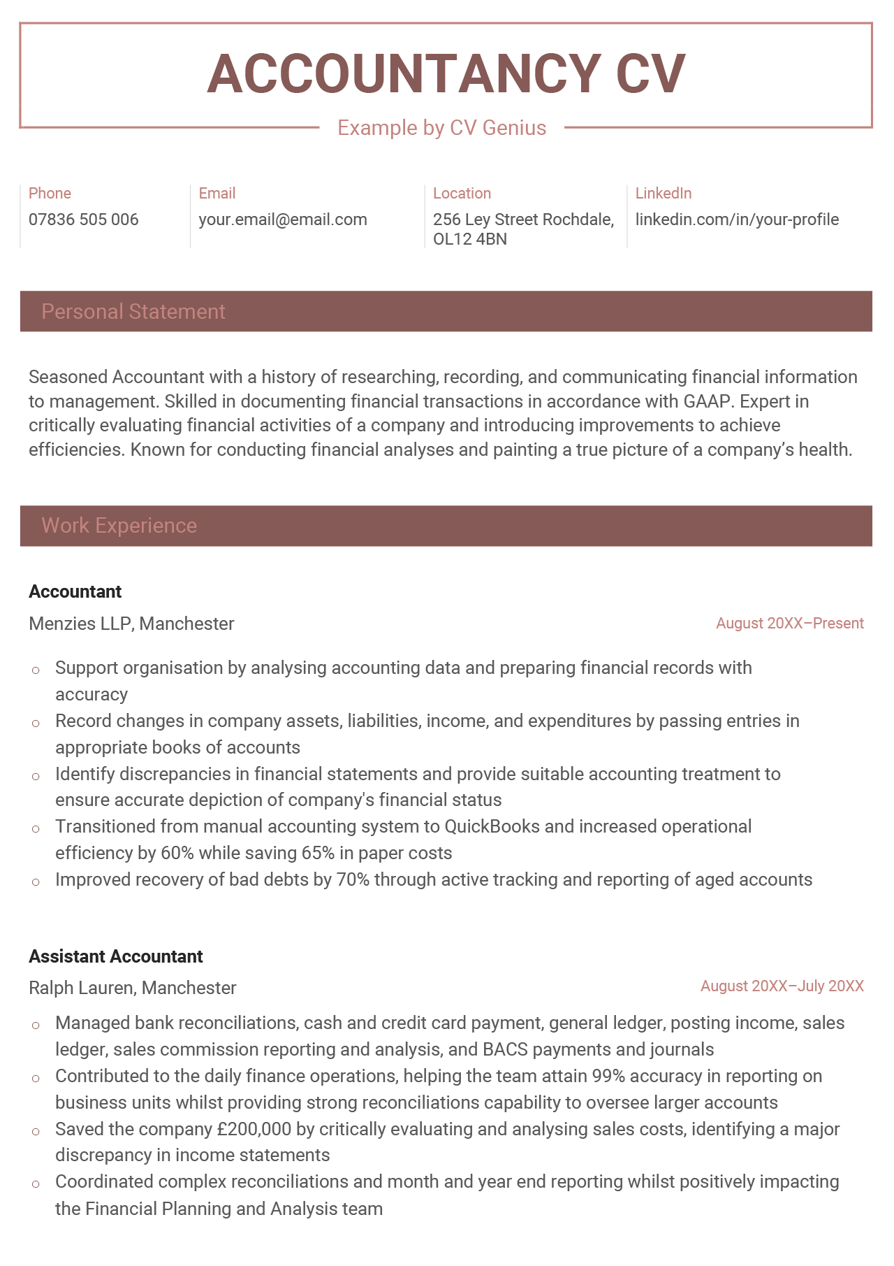 The first page of an accountancy CV example.