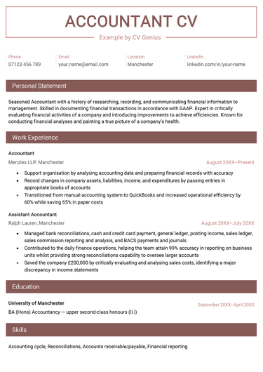 The first page of an accountant CV.