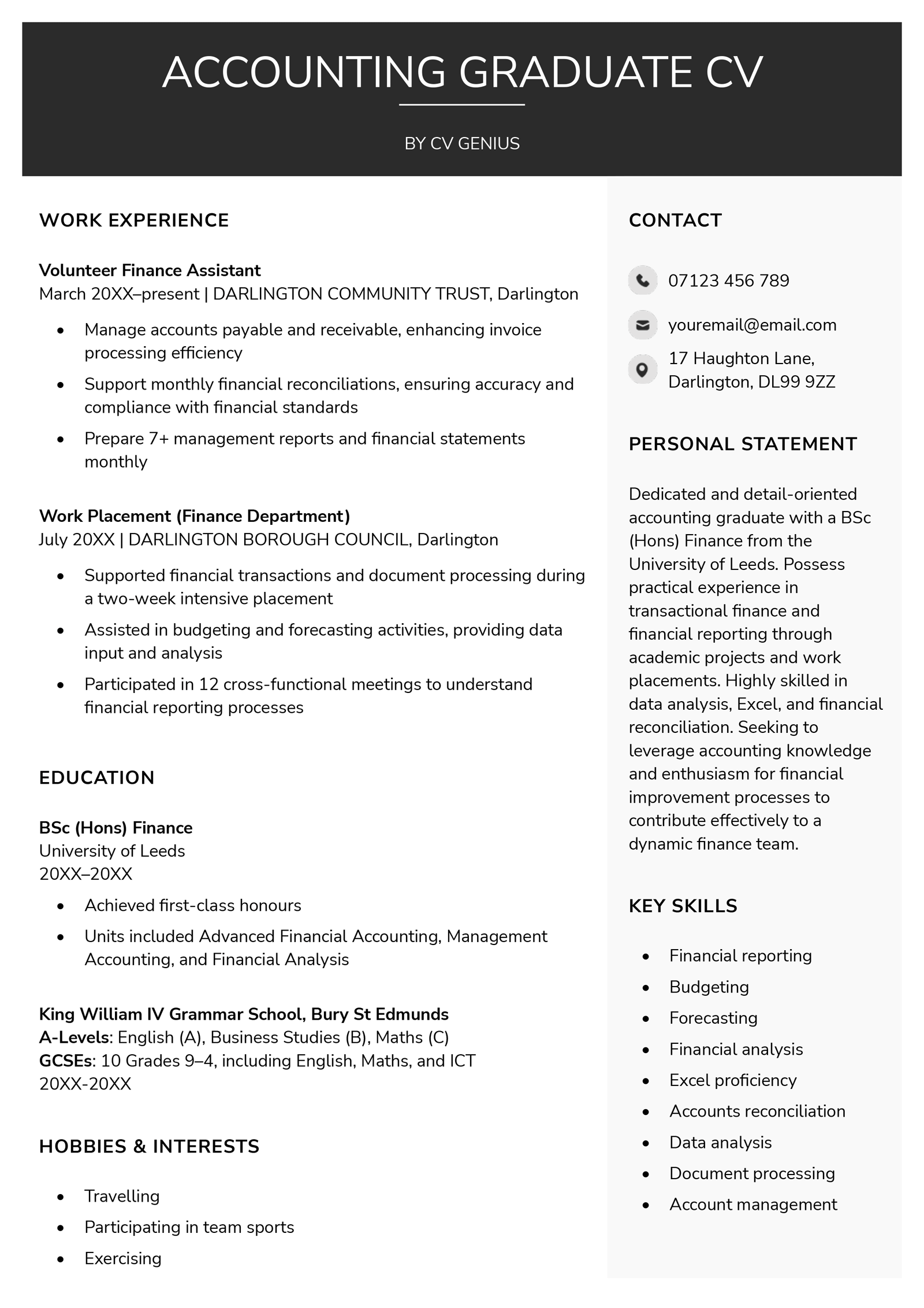 An accounting graduate CV example which opts for a conservative black, grey, and white colour scheme for this traditional industry.