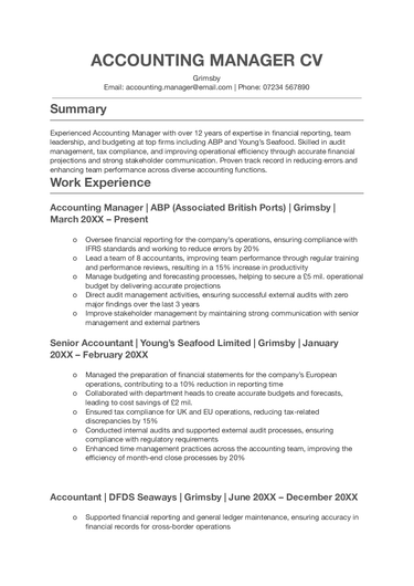 The first page of an accounting manager CV example.