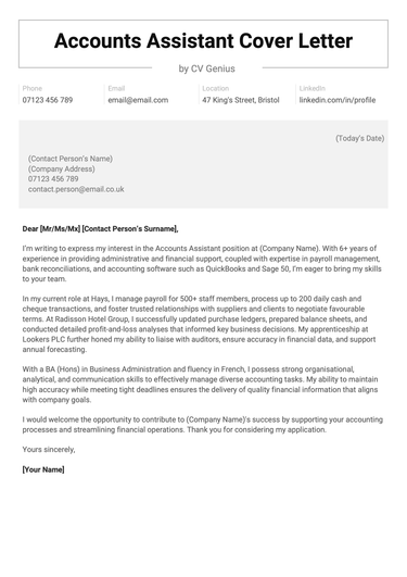 An accounts assistant cover letter example.
