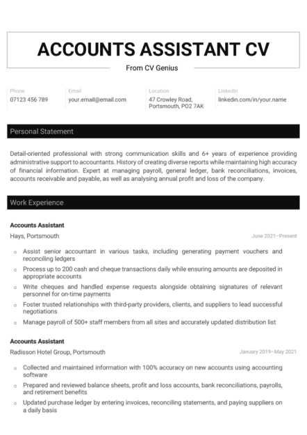 A clean, professional accounts assistant CV example with a wide horizontal header and a black and white color scheme