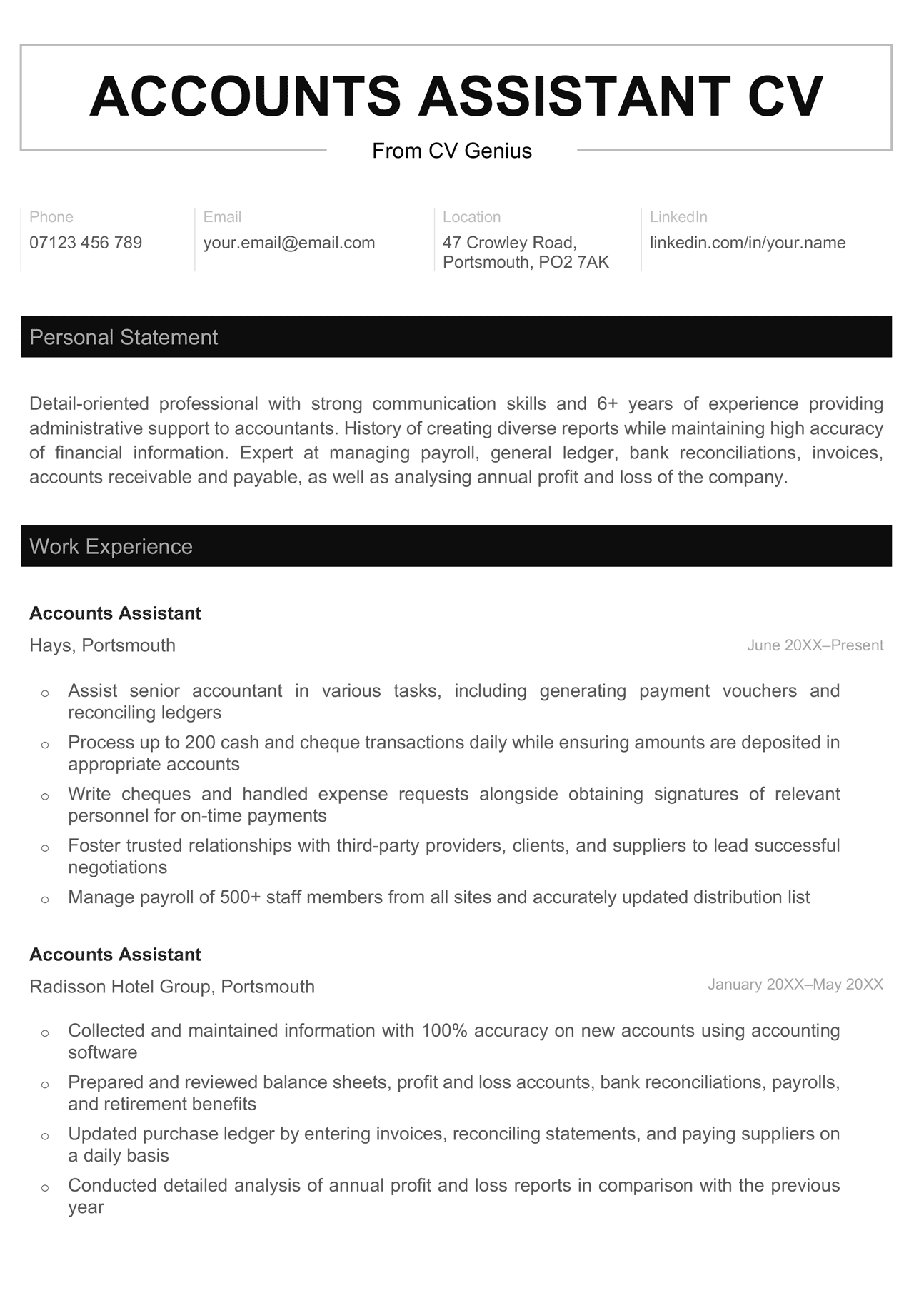 A clean, professional accounts assistant CV example with a wide horizontal header and a black and white color scheme