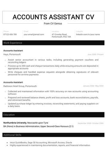 A clean, professional accounts assistant CV example with a wide horizontal header and a black and white color scheme