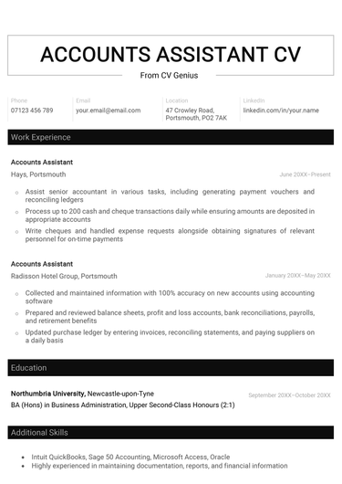 A clean, professional accounts assistant CV example with a wide horizontal header and a black and white color scheme