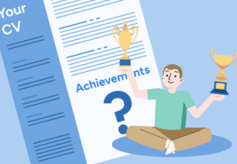 A cartoon person sits cross-legged next to a large CV and holds trophies in each hand. The CV has a large question mark where the CV achievements should go.