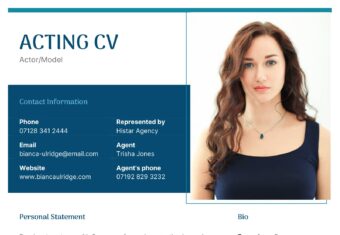 The first page of an acting CV template showcasing the applicant's professional headshot on the top-left of the page, followed by a boxed background filled in blue to highlight the applicant's contact details