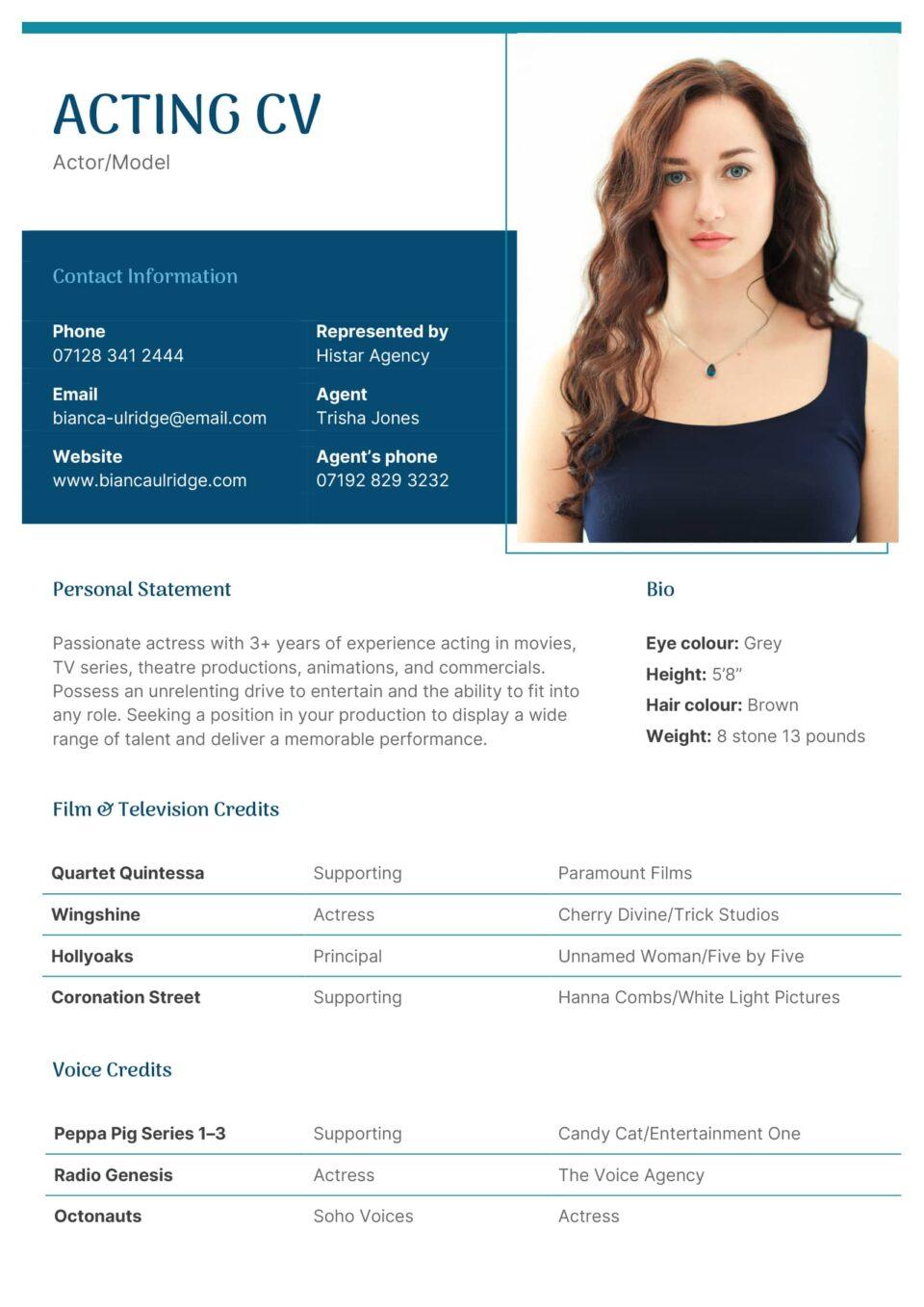 The first page of an acting CV template showcasing the applicant's professional headshot on the top-left of the page, followed by a boxed background filled in blue to highlight the applicant's contact details