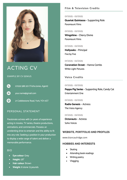 An acting CV formatted using the green Inverness template.