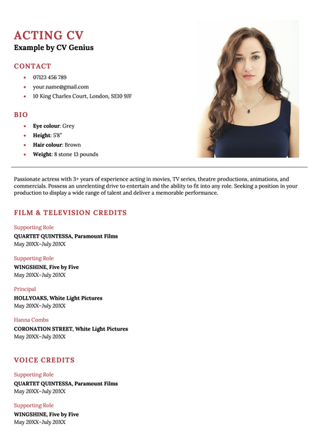 An acting CV formatted using the red St Albans template.
