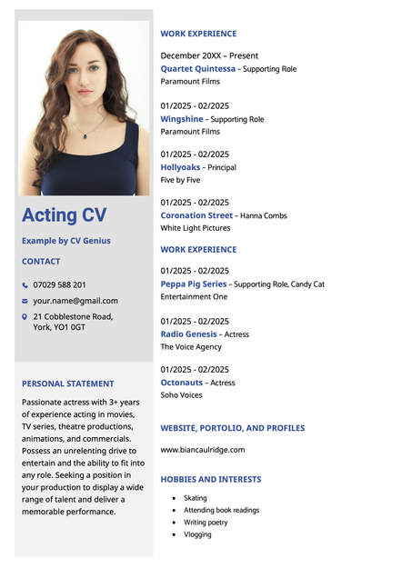 An acting CV formatted using the navy blue Worcester template.