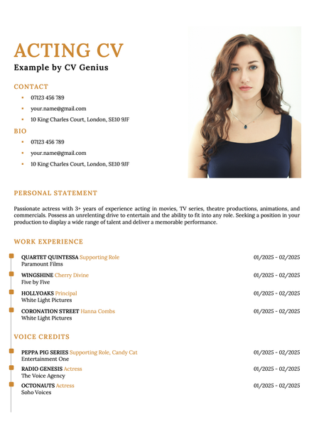 An acting CV formatted using the orange York template.
