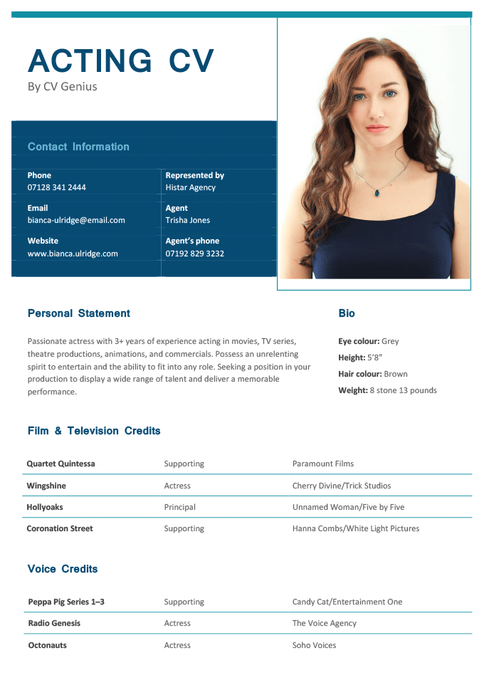 An acting CV with a picture on the right side of the header