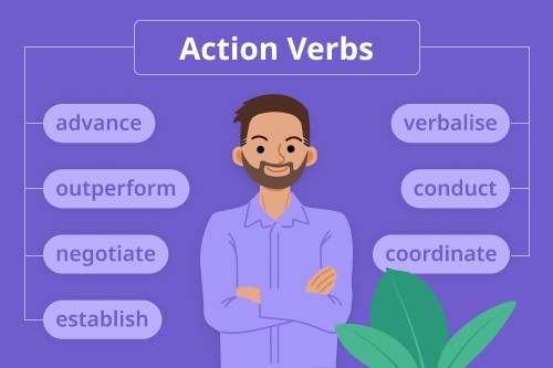 A man stands and smiles in front of a backdrop of action verbs for CV writing
